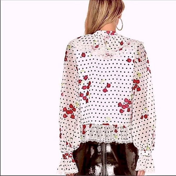 Revolve NBD White Ruffle Blouse Maraschino Top in Cherry Dot NWOT S - Picture 2 of 15
